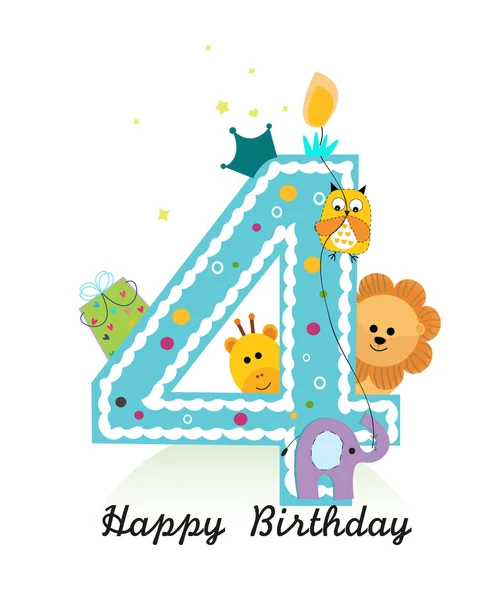 Feliz cuarto cumpleaños con animales bebé niño tarjeta de felicitación vector — Vector de stock