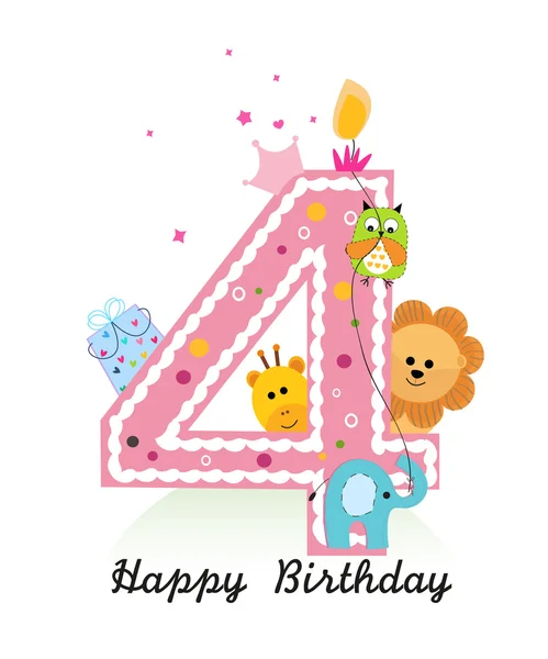 Happy fourth birthday with animals baby girl greeting card vector — Stock Vector