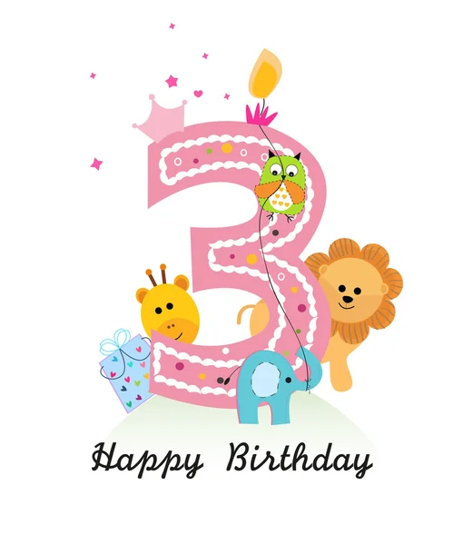 Feliz tercer cumpleaños con animales bebé niña tarjeta de felicitación vector — Vector de stock