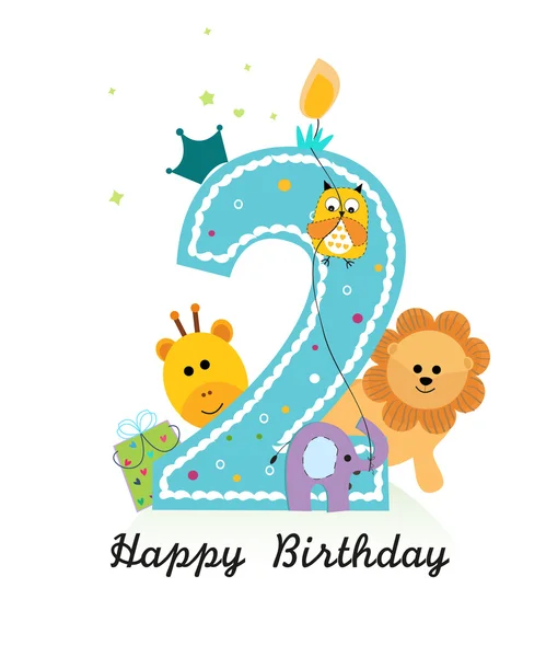 Happy second birthday with animals baby boy greeting card vector — Stock Vector