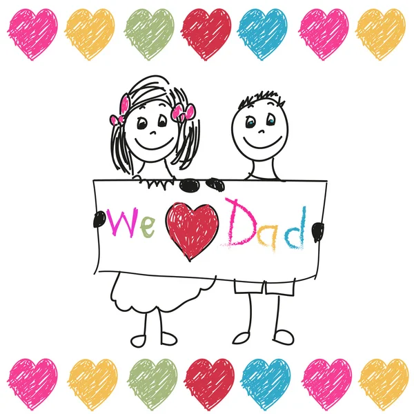 Feliz vetor de crianças do Dia do Pai. Nós amamos você Dia do pai doddle saudação ilustração cartão —  Vetores de Stock