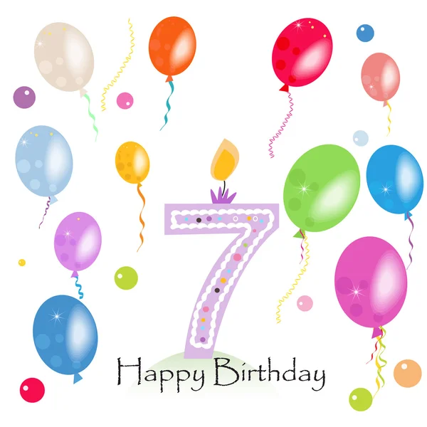 Gelukkig zevende verjaardag kaars vector met kleurrijke confetti en ballonnen vector illustratie. Gelukkige verjaardag-kaart — Stockvector