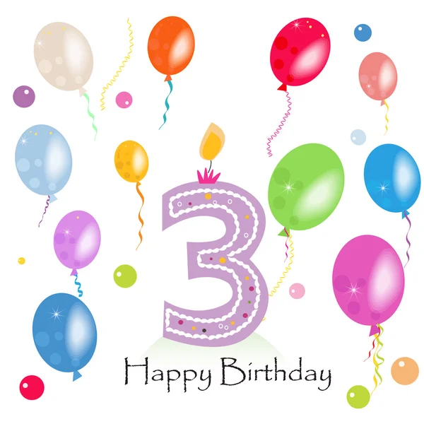 Vetor de vela feliz terceiro aniversário com confete colorido e balões ilustração vetorial — Vetor de Stock