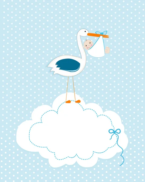 Baby boy with stork. Baby arrival greeting card. Baby shower invitation newborn baby illustration — Stock Vector