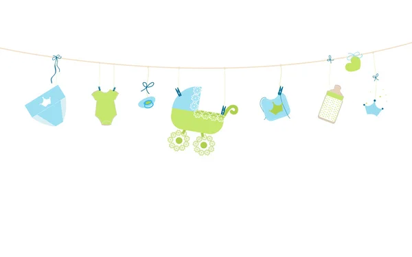 Baby shower card. Baby boy hanging symbols illustration — Stockvector