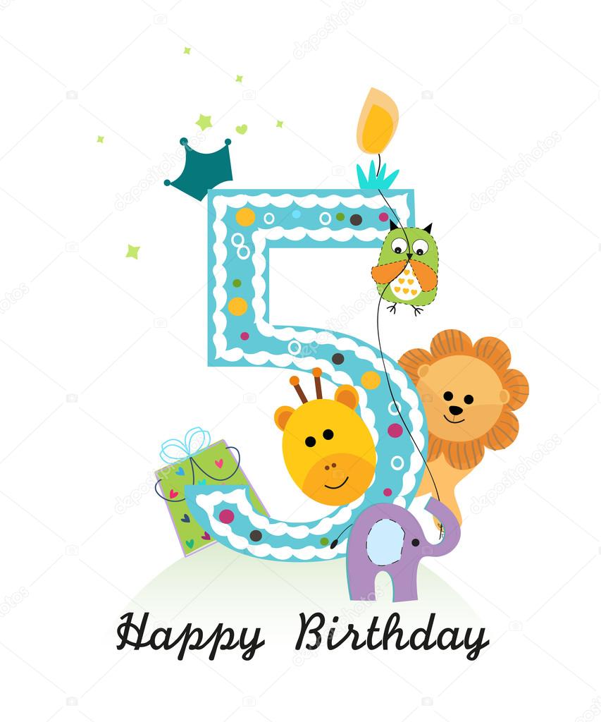 Happy 5th Birthday Boy Happy Fifth Birthday With Animals Baby Boy Greeting Card Vector Stock  Vector Image By ©Gulsengunel #116641116