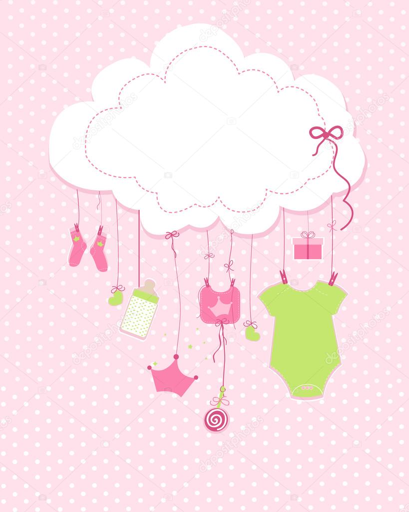 Cartão de saudação de chegada de bebê. Ilustração menina 
