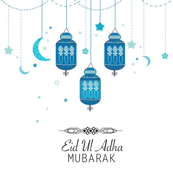 Islamic Festival of Sacrifice, Eid-Al-Adha celebration greeting card.Eid Al Adha mubarak poster. Hanging blue lantern vector illustratio — Stock Vector