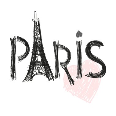 Eyfel Kulesi. Paris el kalp vektör çizim ile çizilen mektup