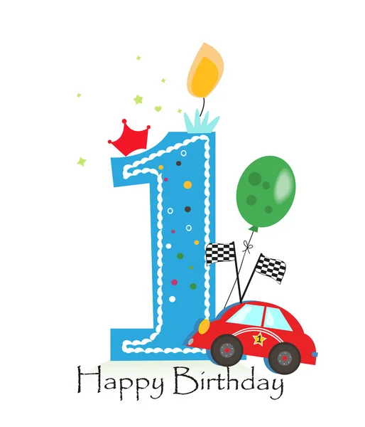 Feliz primer cumpleaños vela. Tarjeta de felicitación del niño con la ilustración del vector del coche de la raza — Archivo Imágenes Vectoriales