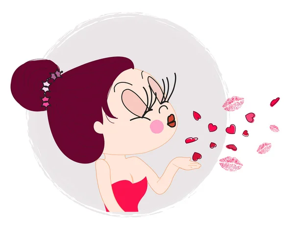 Cutie dziewczyna wysyłanie pocałunek i serce wektor ilustracja — Wektor stockowy