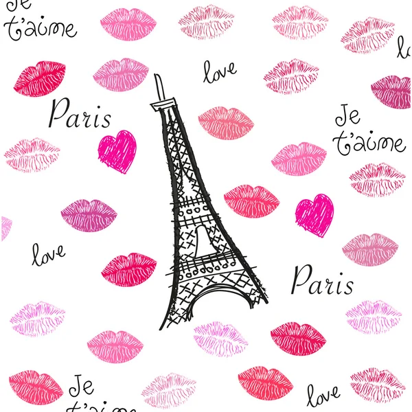 Kiss and lips textile pattern with Eiffel tower vector illustration — Stock Vector