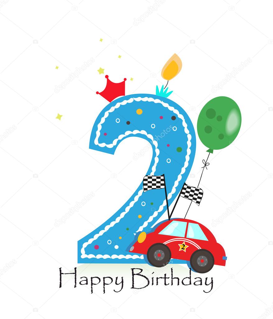 Happy second birthday candle. Baby boy greeting card with race car