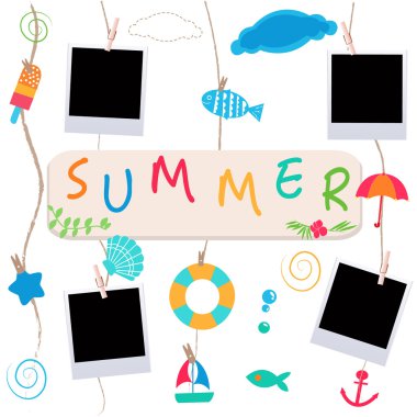 Yaz tatilleri. Asma yaz plaj ürünleri ve boş fotoğraf. Deniz kabukları, çapa, balık, dondurma ve denizyıldızı sahilde. Yaz arka plan vektör illüstrasyon