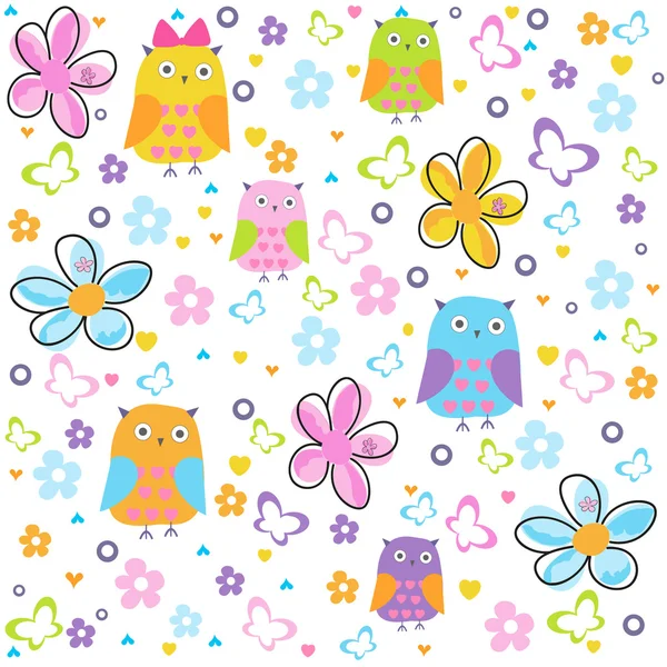Fleurs colorées motif vectoriel hiboux, papillons et fleurs colorées. Illustration florale — Image vectorielle