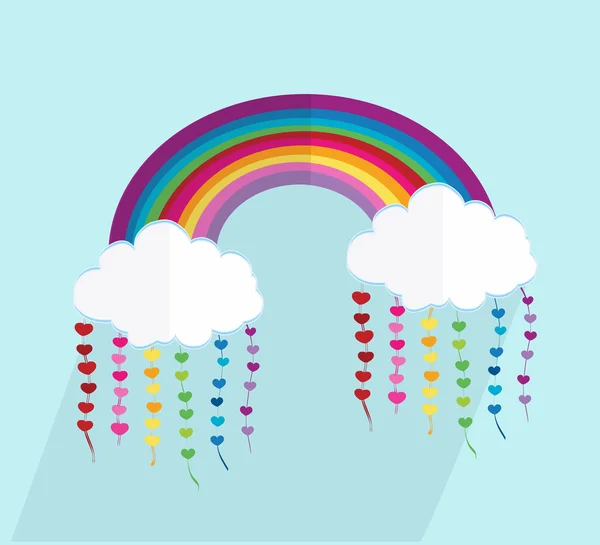 Wettersymbol. Regenbogenwolken mit langen Schatten und Herzen Vektorillustration — Stockvektor