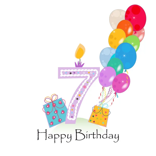 Gelukkig zevende verjaardag kaars vector met kleurrijke confetti en ballonnen — Stockvector