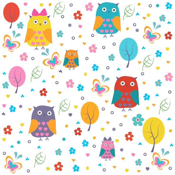 Colorful owl, butterflies and flowers. Floral pattern — Stock Vector