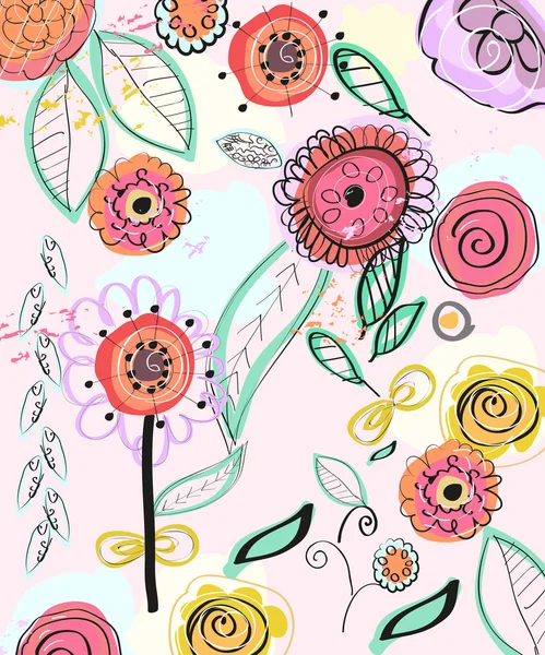 Colorful Wiosna kwiatów. Dekoracyjne podłoże kwiatowe, kwiaty ręcznie rysowane ilustracja wektorowa — Wektor stockowy