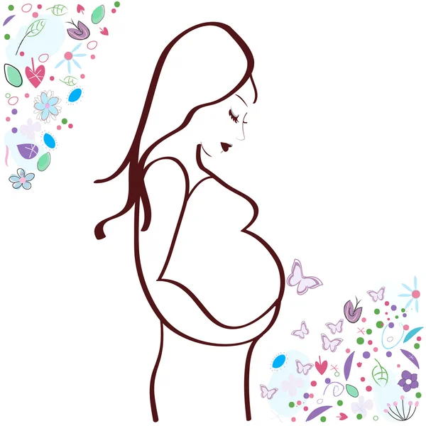 Femme enceinte avec des fleurs. Illustration vectorielle fête des mères — Image vectorielle