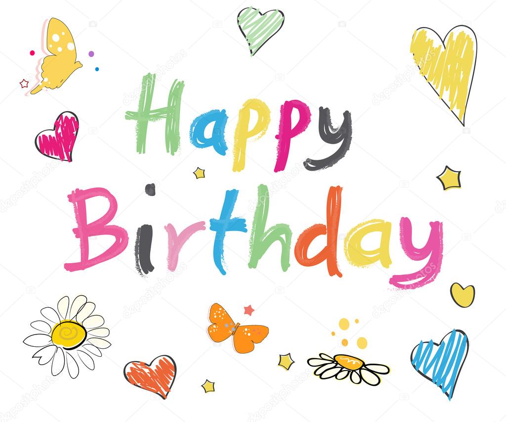 Happy birthday testo colorato con i cuori di doodle illustrazione di vettore del fiore della Margherita farfalla e stelle — Vettoriali di gulsengunel