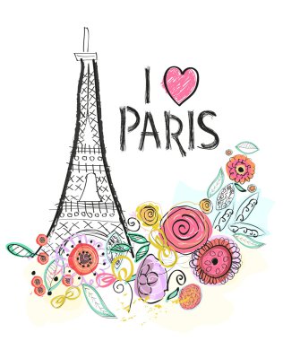  Eyfel Kulesi ve yaz çiçekler. Ben aşk paris elle çizilmiş mektup vektör çizim tebrik kartı