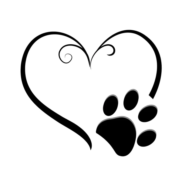 Impronte di zampe di cane con simbolo del cuore. Tatuaggio disegno vettoriale illustrazione — Vettoriale Stock