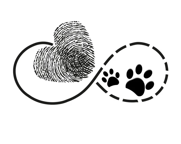 Parmak baskı kalp ve köpek pençe ile sonsuzluk sembolü dövme vektör çizim yazdırır