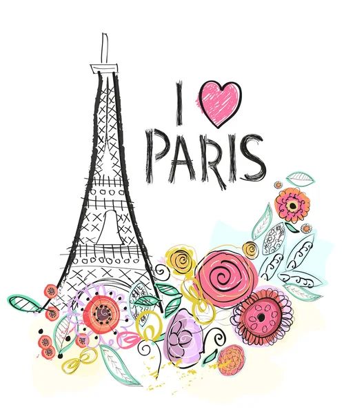 Eiffel tower and summer flowers. i love paris hand drawn letter vector illustration greeting card — Stock Vector