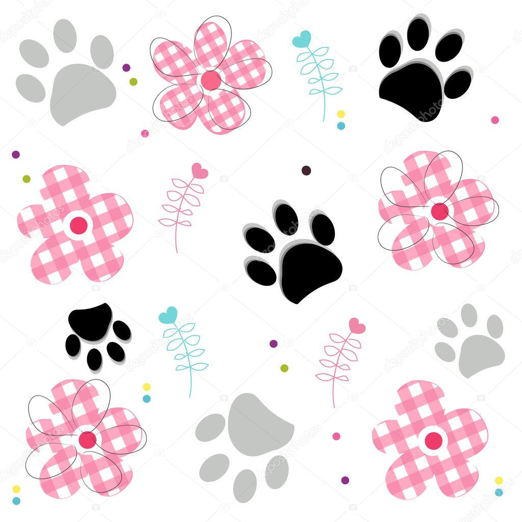 Paw prints with plaid pattern abstract flower vector illustraton background