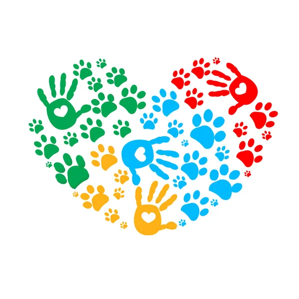 Paw in hands. Dog paw print made of colorful heart vector illustration background — Stock Vector