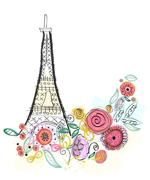 Eiffel tower and summer flowers vector illustration greeting card — Stock Vector