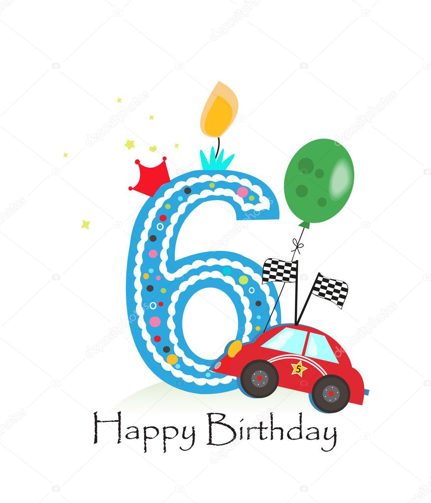 Happy sixth birthday candle. Baby boy greeting card with race car vector illustration