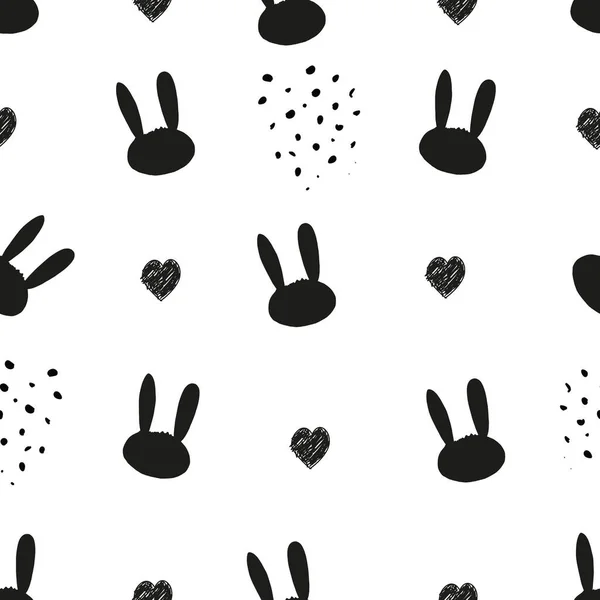 かわいいウサギやウサギと黒と白のイースターのパターンは ドアの心とドットで ハッピーイースターの背景 ファブリックデザインシームレスパターンベクトルイラスト — ストックベクタ
