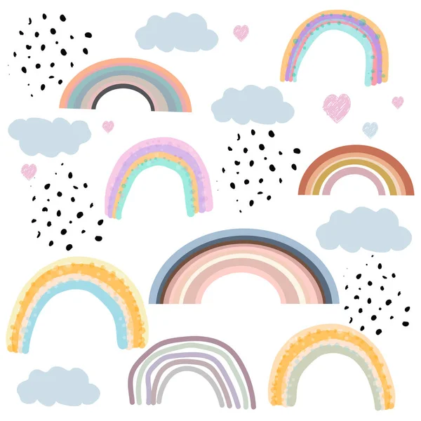 Doodle Rainbows Clouds Hearts Pattern Background — Stock Vector