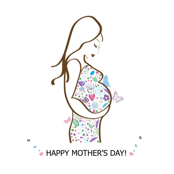 Mujer Embarazada Con Flores Mariposas Feliz Día Madre Tarjeta Felicitación — Archivo Imágenes Vectoriales