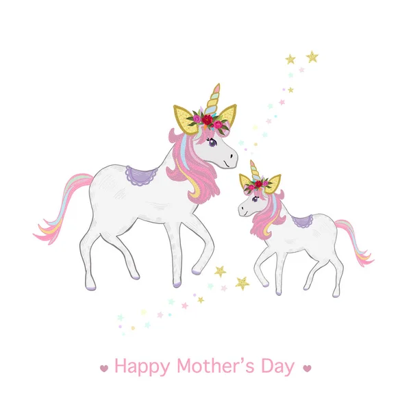 Anya Lánya Egyszarvú Lányok Boldog Anyák Napját Mágikus Egyszarvú Üdvözlőkártya — Stock Vector