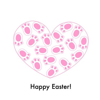 Kalp pembe tavşan ayak izlerinden yapılmış. Mutlu Paskalya tebrik kartları, tişörtler, bahar zamanı, parti teması tasarım unsuru