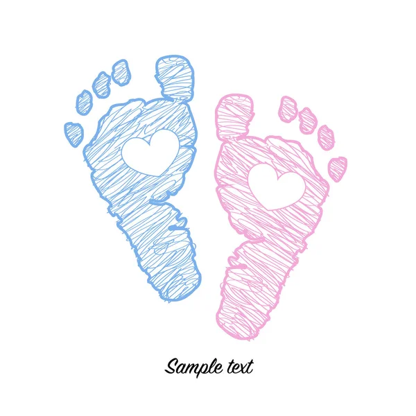 Twin Baby Girl Boy Foot Prints Arrival Greeting Card — Stock Vector