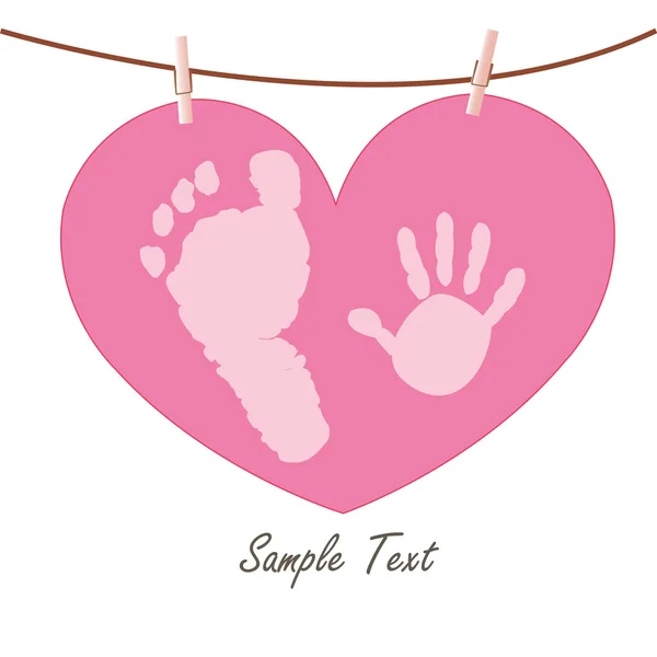 Baby hand and feet prints with heart greeting card vector — Stock Vector