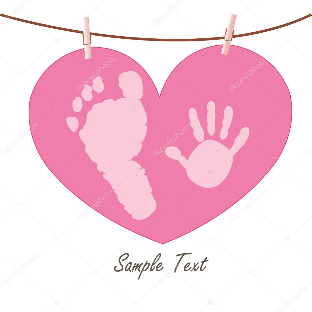 Baby hand and feet prints with heart greeting card vector