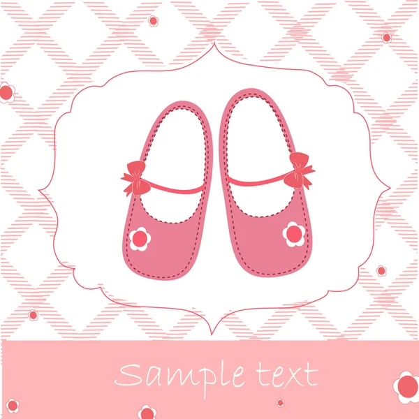 Baby shower greeting card with pink shoes — Stock Vector