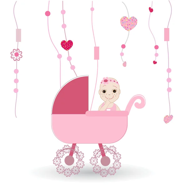 Baby shower announcement card with baby stroller and hanging hearts vector — Stock Vector