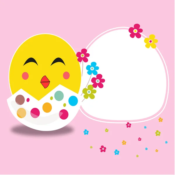 Glad påsk knäckt ägg och leende chick kort vektor — Stock vektor
