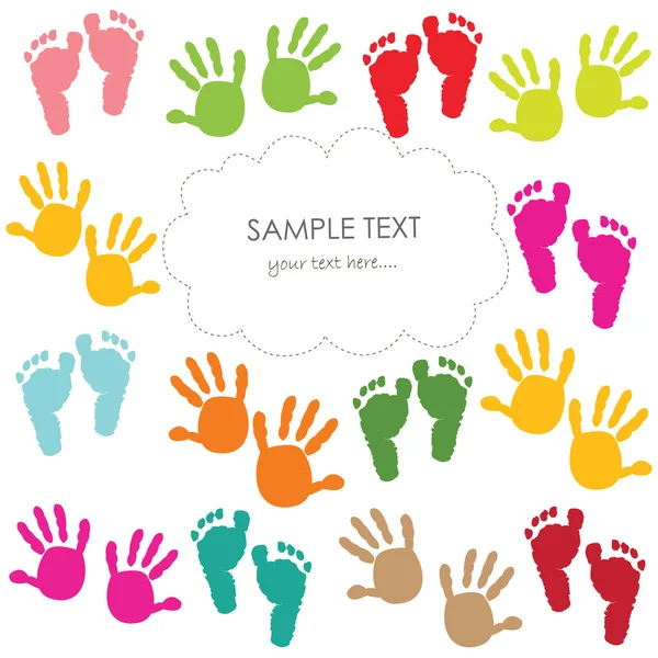 Colorful baby footprint and hands kids greeting card vector — Stock Vector