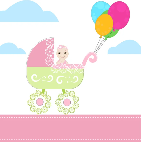 Baby girl and stroller vector with ballon — Stock Vector