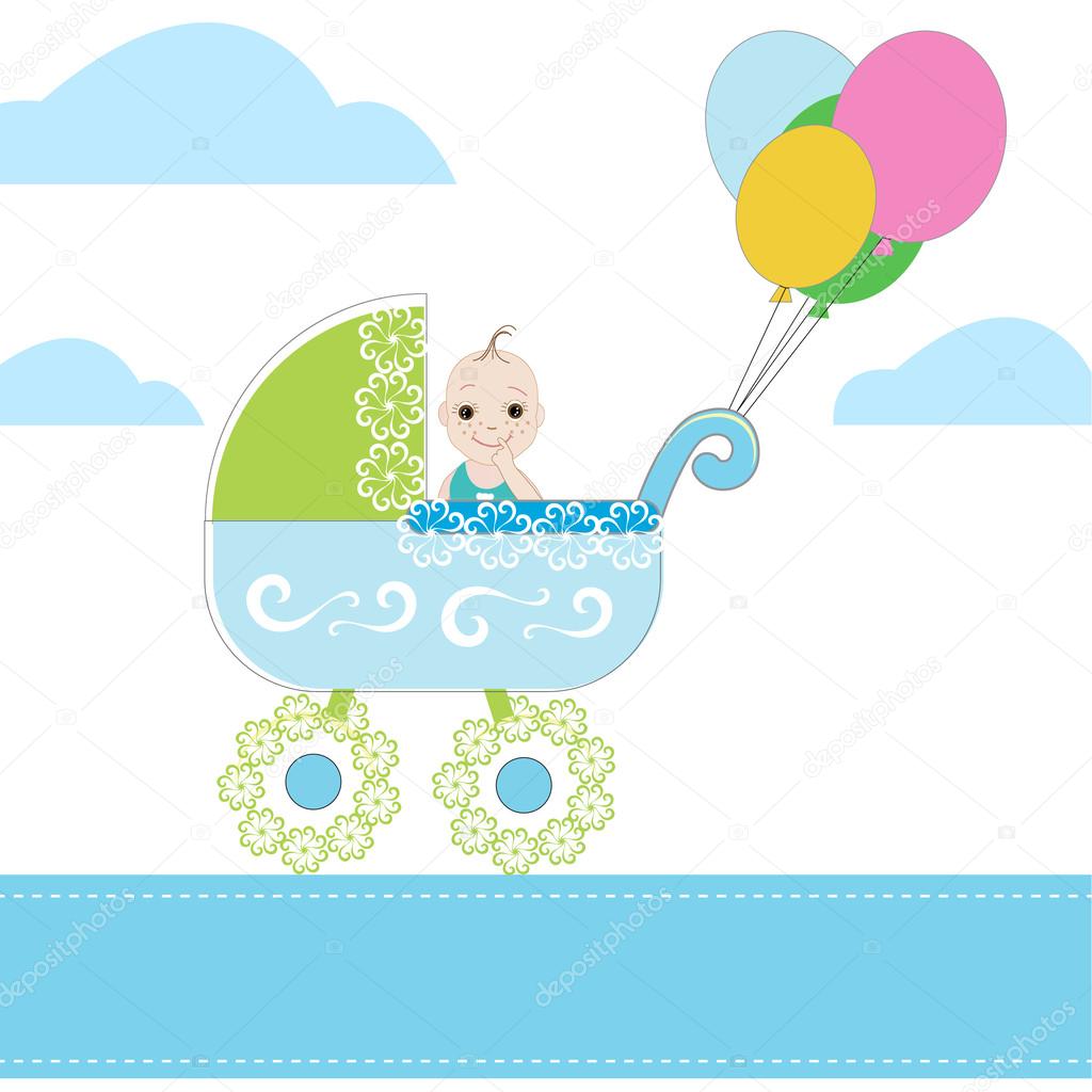 Baby boy and stroller vector with ballon