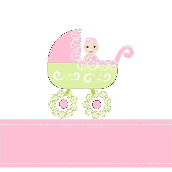 Baby girl arrival announcement card with stroller vector — Stock Vector