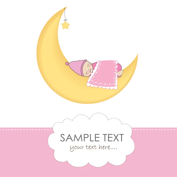 Bebé niña durmiendo en la luna tarjeta de felicitación vector — Vector de stock