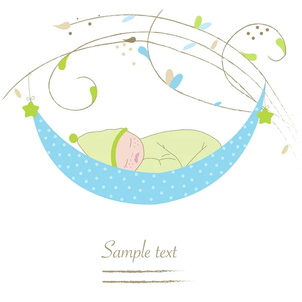 Pasgeboren baby jongen wieg wenskaart vector — Stockvector